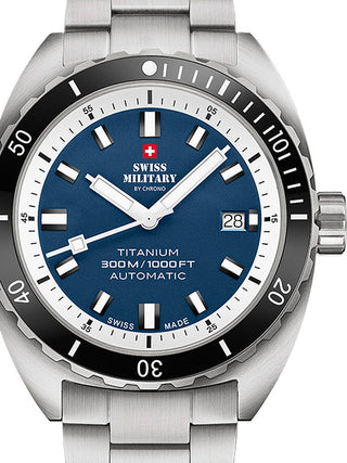 Front view of Swiss Military By Chrono SMA34100.03 Blue Dial Silver Titanium Unisex Watch on white background