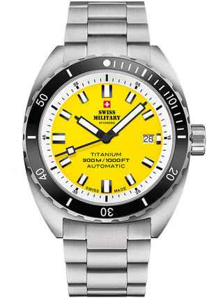 Angle shot of Swiss Military By Chrono SMA34100.05 Yellow Dial Silver Titanium Unisex Watch on white background