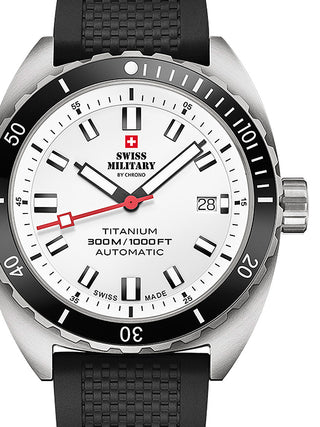 Front view of Swiss Military By Chrono SMA34100.08 Silver Dial Black Strap Unisex Watch on white background