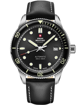 Angle shot of Swiss Military By Chrono SMA34106.05 Black Leather Unisex Watch on white background
