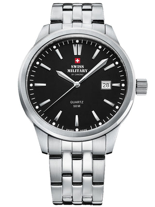 Angle shot of Swiss Military By Chrono SMP36009.01 Black Dial Silver Stainless Steel Unisex Watch on white background