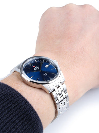 Angle shot of Swiss Military By Chrono SMP36009.03 Blue Dial Silver Stainless Steel Unisex Watch on white background