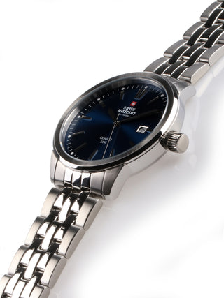 Angle shot of Swiss Military By Chrono SMP36009.03 Blue Dial Silver Stainless Steel Unisex Watch on white background