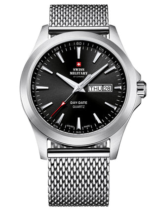 Angle shot of Swiss Military By Chrono SMP36040.01 Black Dial Silver Stainless Steel Unisex Watch on white background