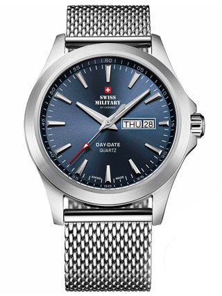 Angle shot of Swiss Military By Chrono SMP36040.03 Blue Dial Silver Stainless Steel Unisex Watch on white background