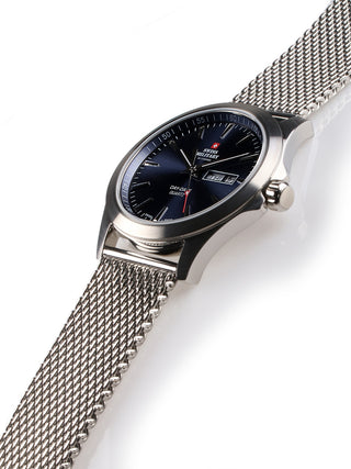 Angle shot of Swiss Military By Chrono SMP36040.03 Blue Dial Silver Stainless Steel Unisex Watch on white background