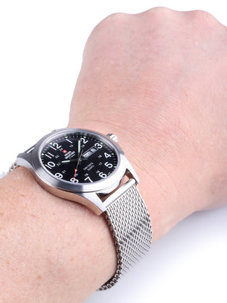 Angle shot of Swiss Military By Chrono SMP36040.13 Black Dial Silver Stainless Steel Unisex Watch on white background