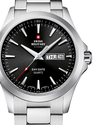 Front view of Swiss Military By Chrono SMP36040.22 Black Dial Silver Stainless Steel Unisex Watch on white background