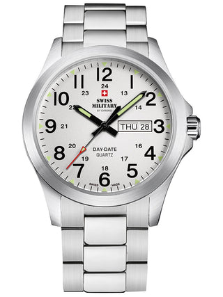 Angle shot of Swiss Military By Chrono SMP36040.26 White Dial Silver Stainless Steel Unisex Watch on white background