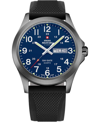 Angle shot of Swiss Military By Chrono SMP36040.32 Blue Dial Black Silicone Unisex Watch on white background