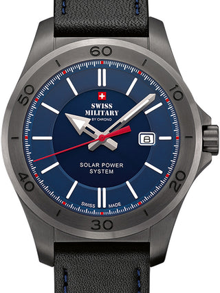 Front view of Swiss Military By Chrono SMS34074.05 Blue Dial Black Leather Unisex Watch on white background