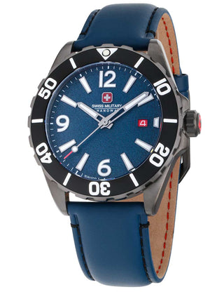 Angle shot of Swiss Military Hanowa SMWGB0000250 Blue Leather Unisex Watch on white background