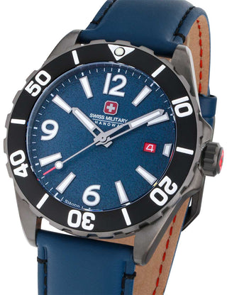 Front view of Swiss Military Hanowa SMWGB0000250 Blue Leather Unisex Watch on white background