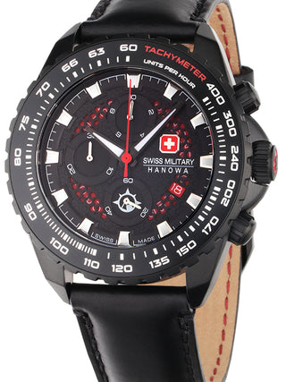 Front view of Swiss Military Hanowa Chronograph SMWGC2102230 Black Leather Unisex Watch on white background