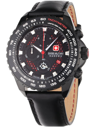 Angle shot of Swiss Military Hanowa Chronograph SMWGC2102230 Black Leather Unisex Watch on white background