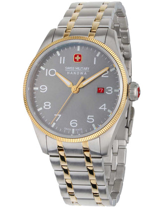 Angle shot of Swiss Military Hanowa SMWGH0000860 Grey Dial Gold Stainless Steel Unisex Watch on white background