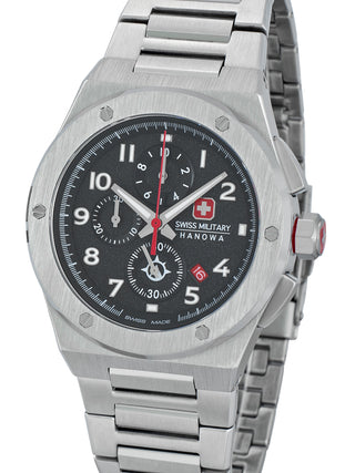 Front view of Swiss Military Hanowa Chronograph SMWGI2102001 Black Dial Silver Stainless Steel Unisex Watch on white background