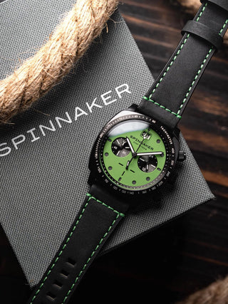 Angle shot of Spinnaker Chronograph SP-5068-0A Green Dial Black Leather Unisex Watch on white background