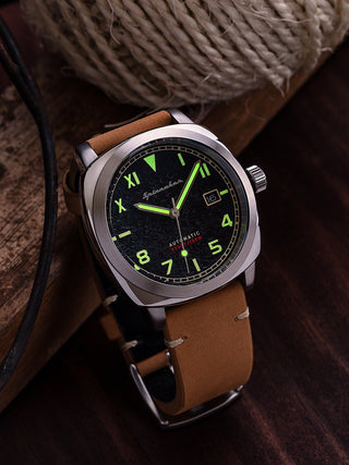 Angle shot of Spinnaker SP-5071-01 Black Dial Brown Leather Unisex Watch on white background