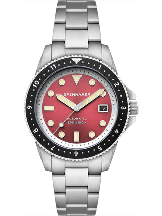 Front view of Spinnaker SP-5136-44 Red Dial Silver Stainless Steel Unisex Watch on white background