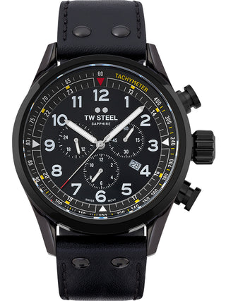 Angle shot of TW Steel Chronograph SVS205 Black Leather Unisex Watch on white background