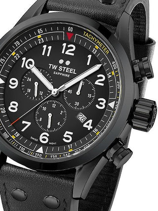 Front view of TW Steel Chronograph SVS205 Black Leather Unisex Watch on white background