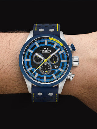 Angle shot of TW Steel Chronograph SVS208 Black Dial Blue Leather Unisex Watch on white background