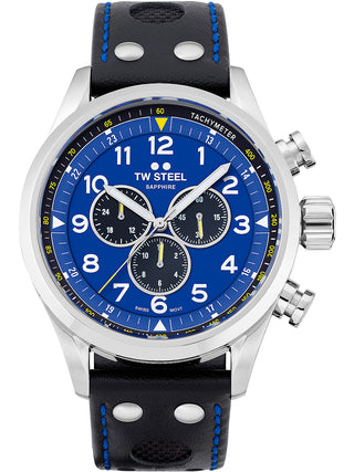 Angle shot of TW Steel Chronograph SVS305 Blue Dial Black Leather Unisex Watch on white background