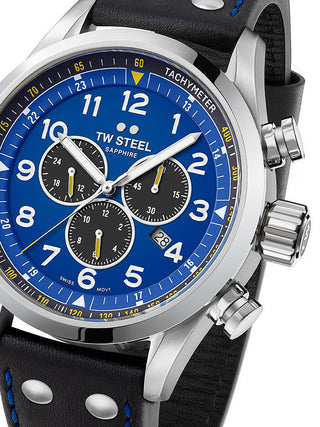 Front view of TW Steel Chronograph SVS305 Blue Dial Black Leather Unisex Watch on white background