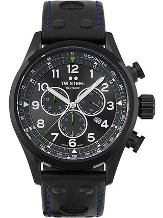 Angle shot of TW Steel Chronograph SVS306 Black Leather Unisex Watch on white background