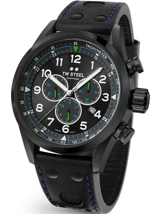Angle shot of TW Steel Chronograph SVS306 Black Leather Unisex Watch on white background