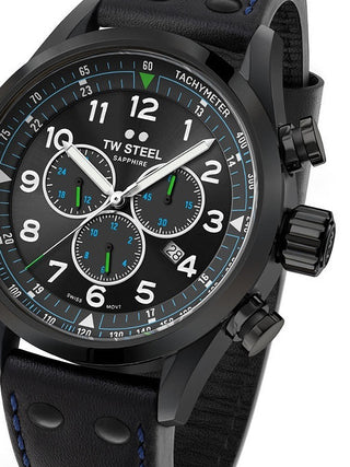 Front view of TW Steel Chronograph SVS306 Black Leather Unisex Watch on white background