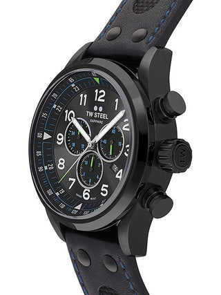 Angle shot of TW Steel Chronograph SVS306 Black Leather Unisex Watch on white background