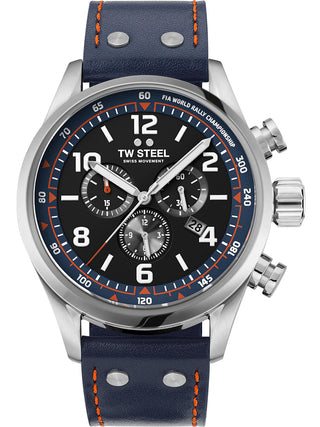 Angle shot of TW Steel Chronograph SVS311 Black Dial Blue Leather Unisex Watch on white background