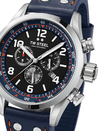 Front view of TW Steel Chronograph SVS311 Black Dial Blue Leather Unisex Watch on white background