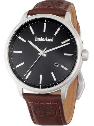 Front view of Timberland TBL15638JS.02 Black Dial Brown Leather Unisex Watch on white background