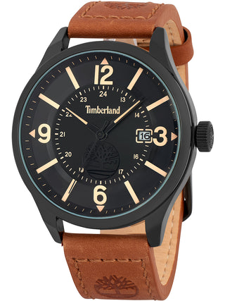 Front view of Timberland TBL14645JYB.02 Black Dial Brown Leather Unisex Watch on white background