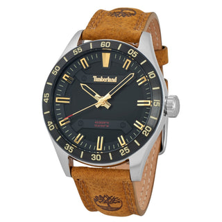 Front view of Timberland Calverton TDWGA2201201 Black Dial Brown Leather Unisex Watch on white background