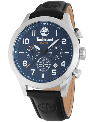 Front view of Timberland Chronograph TDWGF0009702 Blue Dial Black Leather Unisex Watch on white background