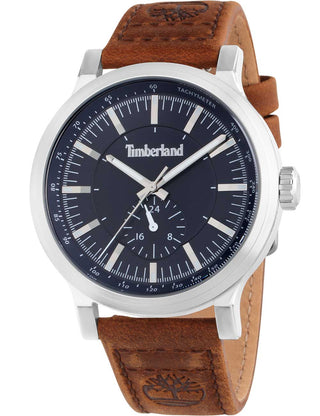 Front view of Timberland Driscoll TDWGF2231001 Blue Dial Brown Leather Unisex Watch on white background