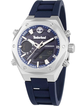 Front view of Timberland Chronograph TDWGP2231403 Black Dial Blue Silicone Unisex Watch on white background