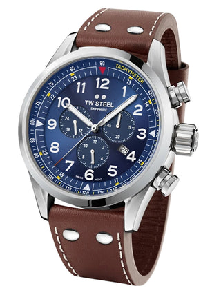 Angle shot of TW Steel Chronograph SVS201 Blue Dial Brown Leather Unisex Watch on white background