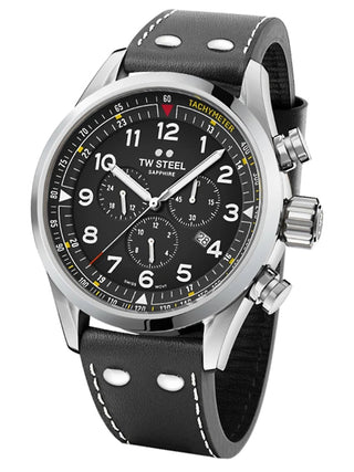 Angle shot of TW Steel Chronograph SVS202 Black Leather Unisex Watch on white background