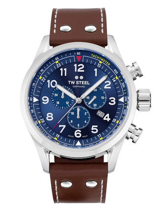Angle shot of TW Steel Chronograph SVS201 Blue Dial Brown Leather Unisex Watch on white background