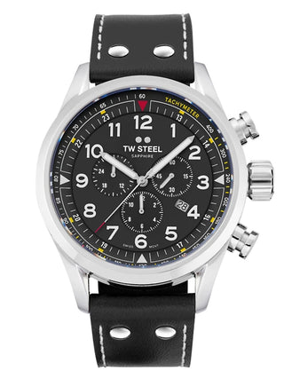 Angle shot of TW Steel Chronograph SVS202 Black Leather Unisex Watch on white background