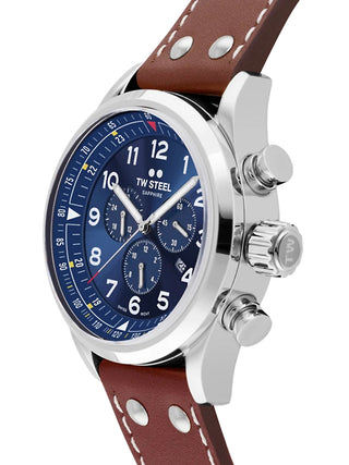 Angle shot of TW Steel Chronograph SVS201 Blue Dial Brown Leather Unisex Watch on white background