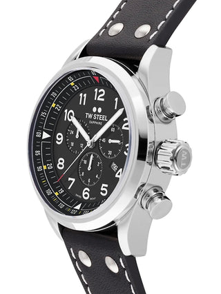 Angle shot of TW Steel Chronograph SVS202 Black Leather Unisex Watch on white background
