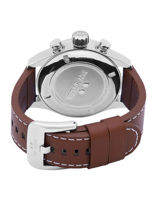 Angle shot of TW Steel Chronograph SVS201 Blue Dial Brown Leather Unisex Watch on white background