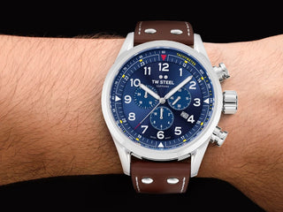 Angle shot of TW Steel Chronograph SVS201 Blue Dial Brown Leather Unisex Watch on white background
