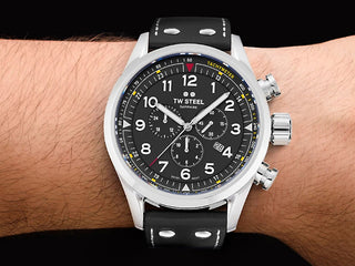 Angle shot of TW Steel Chronograph SVS202 Black Leather Unisex Watch on white background